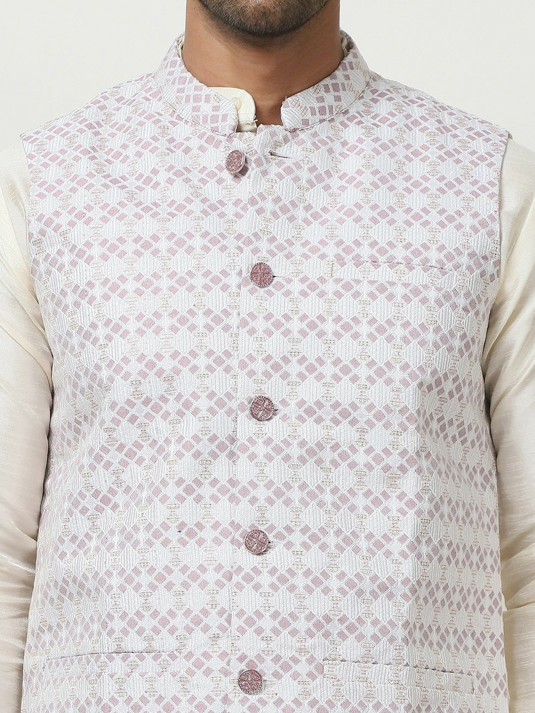 Men's Purple Printed Nehru Jacket with Mandarin Collar & 3 Pockets