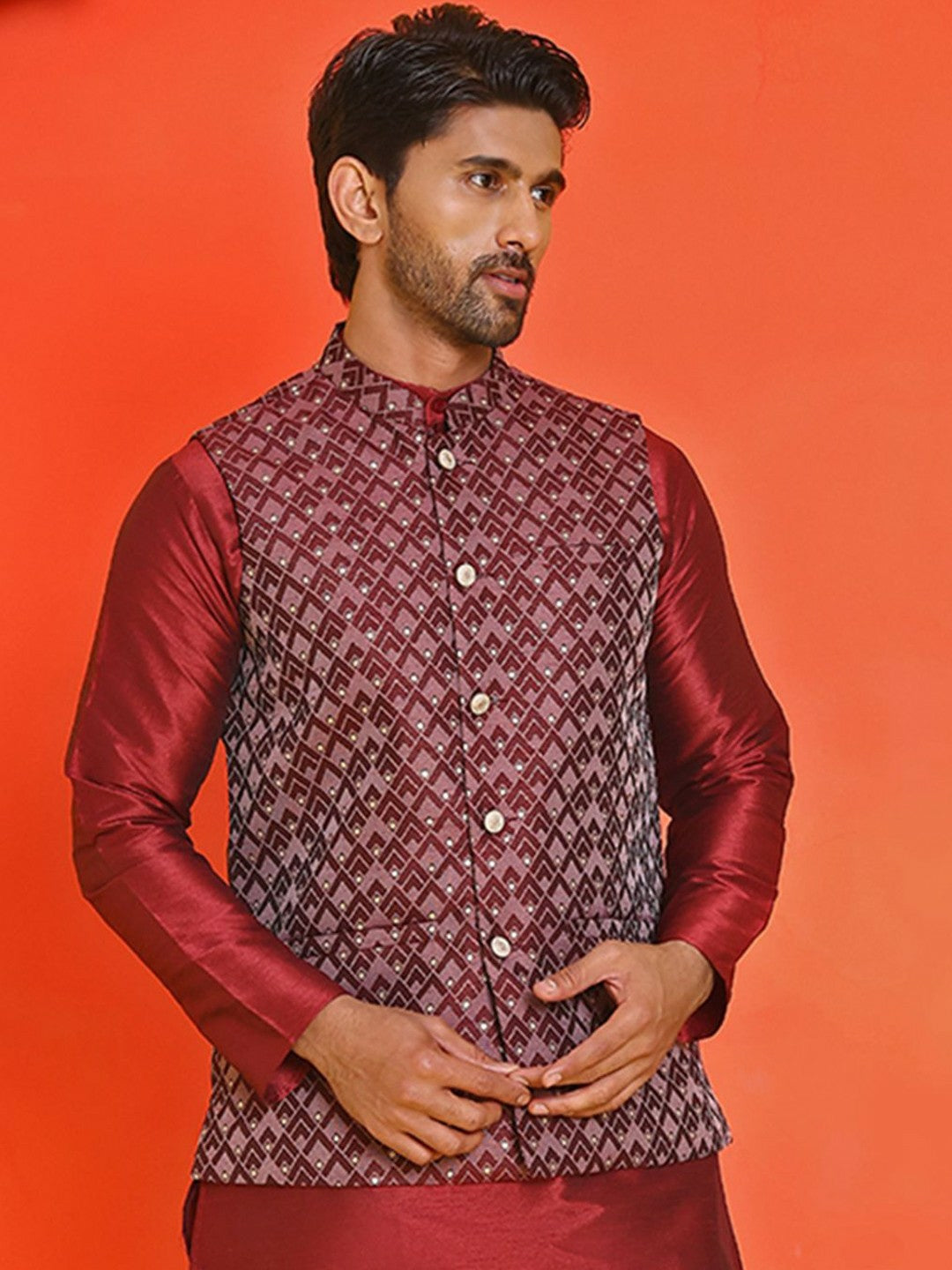 Men's Maroon Printed Nehru Jacket in Silk Blend with Mandarin Collar