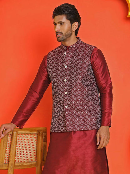 Men's Maroon Printed Nehru Jacket in Silk Blend with Mandarin Collar