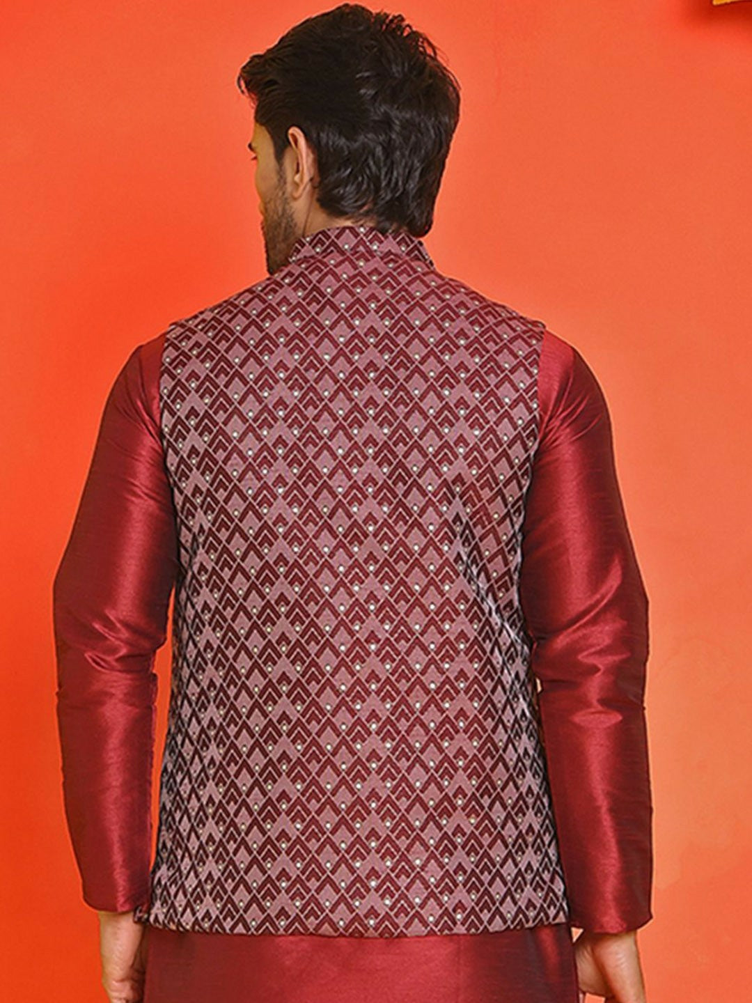 Men's Maroon Printed Nehru Jacket in Silk Blend with Mandarin Collar