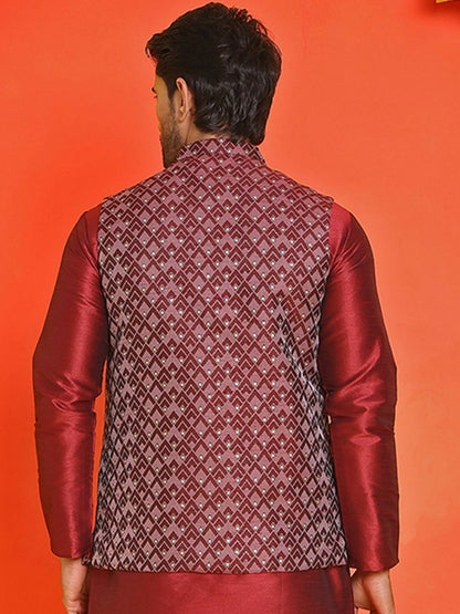 Men's Maroon Printed Nehru Jacket in Silk Blend with Mandarin Collar