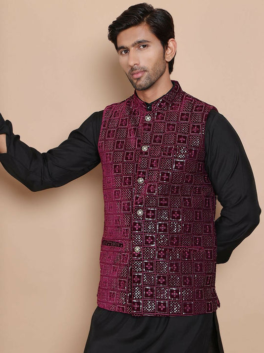 Men's Maroon Embroidered Velvet Nehru Jacket with Mandarin Collar