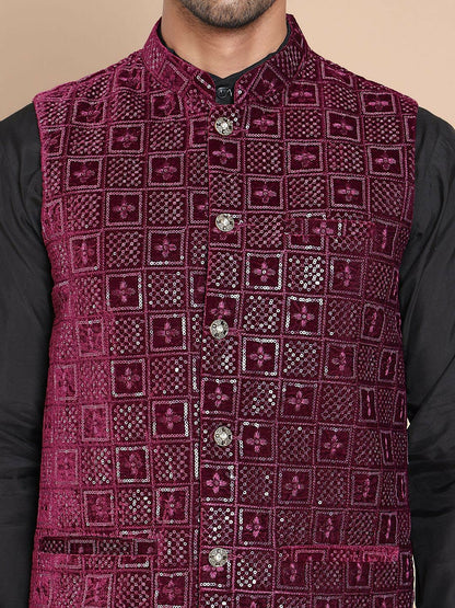 Men's Maroon Embroidered Velvet Nehru Jacket with Mandarin Collar
