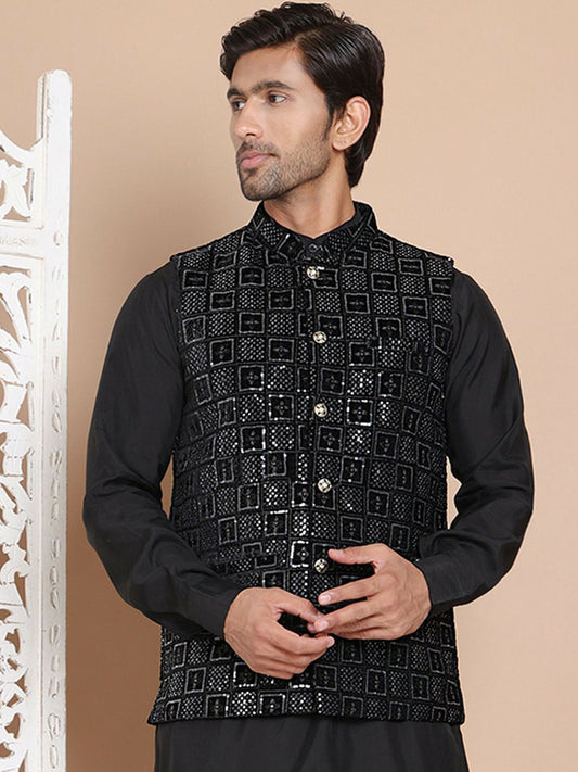 Men's Black Embroidered Velvet Nehru Jacket with Mandarin Collar