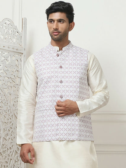 Men's Purple Printed Nehru Jacket with Mandarin Collar & 3 Pockets