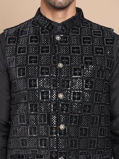 Men's Black Embroidered Velvet Nehru Jacket with Mandarin Collar