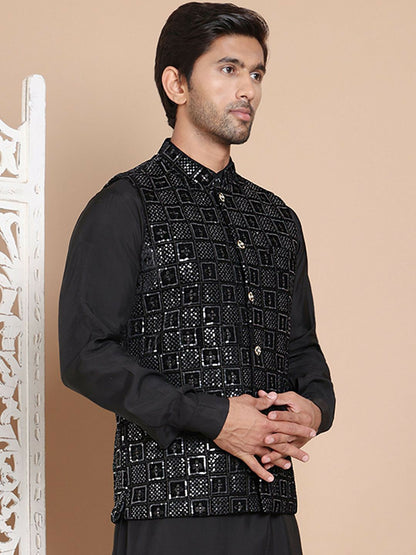 Men's Black Embroidered Velvet Nehru Jacket with Mandarin Collar