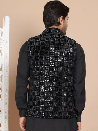 Men's Black Embroidered Velvet Nehru Jacket with Mandarin Collar