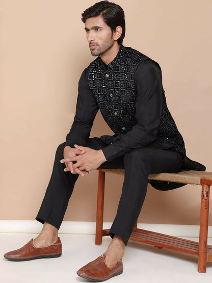 Men's Black Embroidered Velvet Nehru Jacket with Mandarin Collar