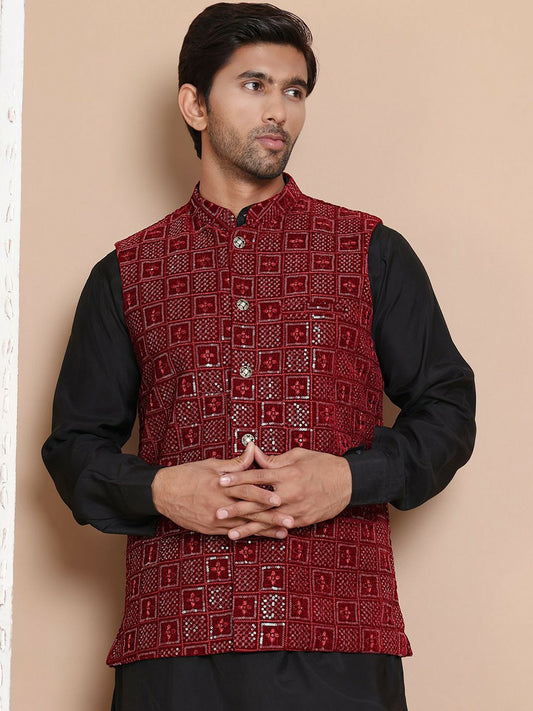 Men's Maroon Velvet Nehru Jacket with Embroidery & Mandarin Collar