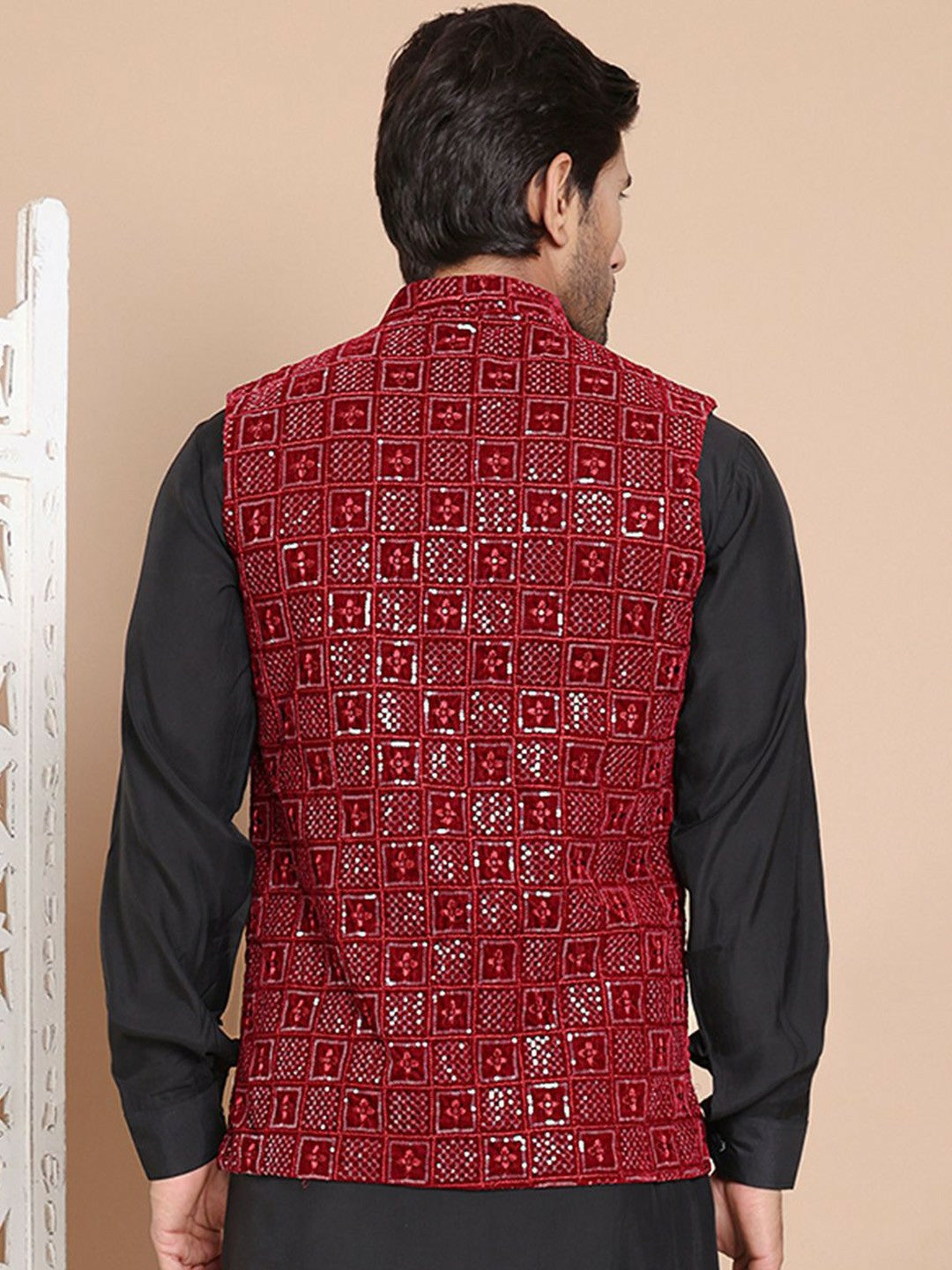Men's Maroon Velvet Nehru Jacket with Embroidery & Mandarin Collar