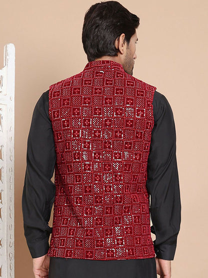 Men's Maroon Velvet Nehru Jacket with Embroidery & Mandarin Collar