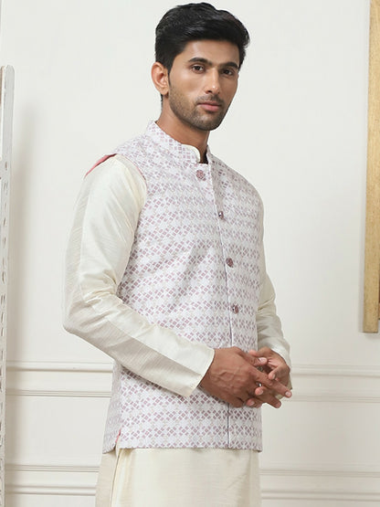 Men's Purple Printed Nehru Jacket with Mandarin Collar & 3 Pockets