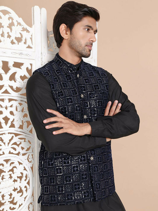 Men's Navy Blue Velvet Nehru Jacket with Embroidery & Mandarin Collar