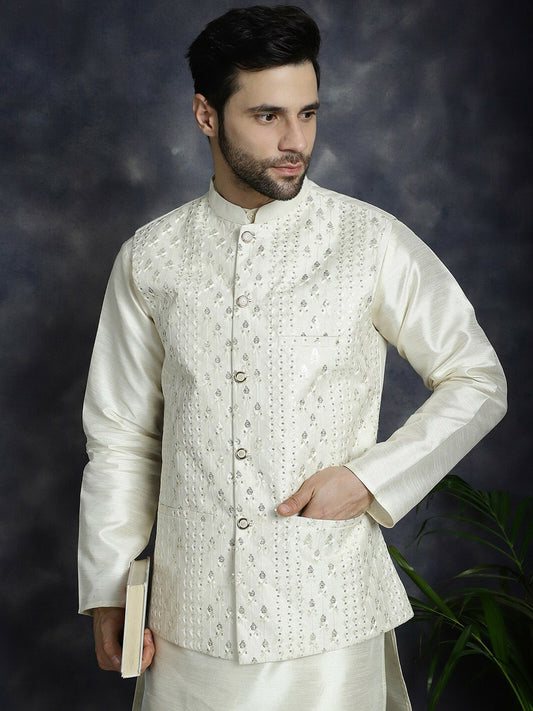 Men's White Embroidered & Sequined Nehru Jacket in Silk Blend