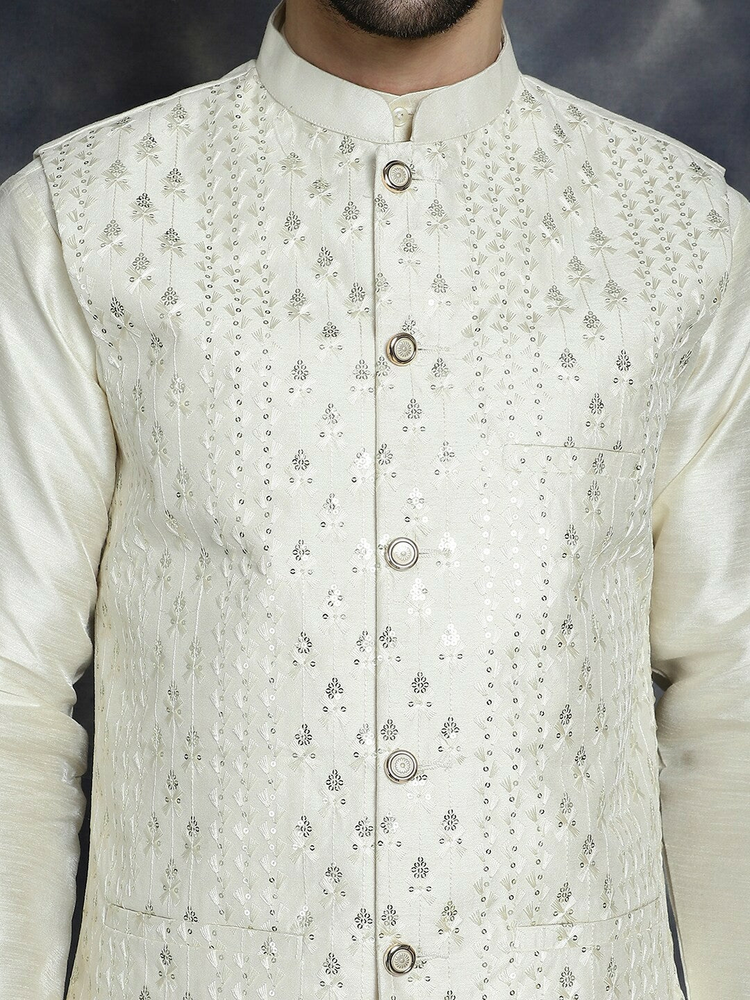 Men's White Embroidered & Sequined Nehru Jacket in Silk Blend