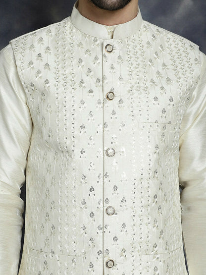 Men's White Embroidered & Sequined Nehru Jacket in Silk Blend