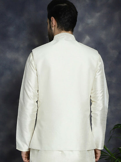 Men's White Embroidered & Sequined Nehru Jacket in Silk Blend