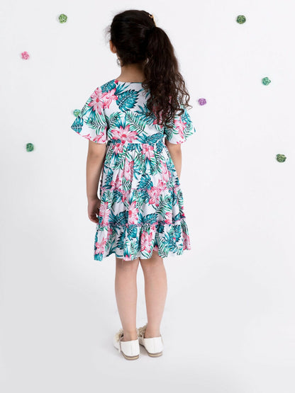 Buy Girls White & Blue Tropical Printed Fit & Flare Dress – Indiaista