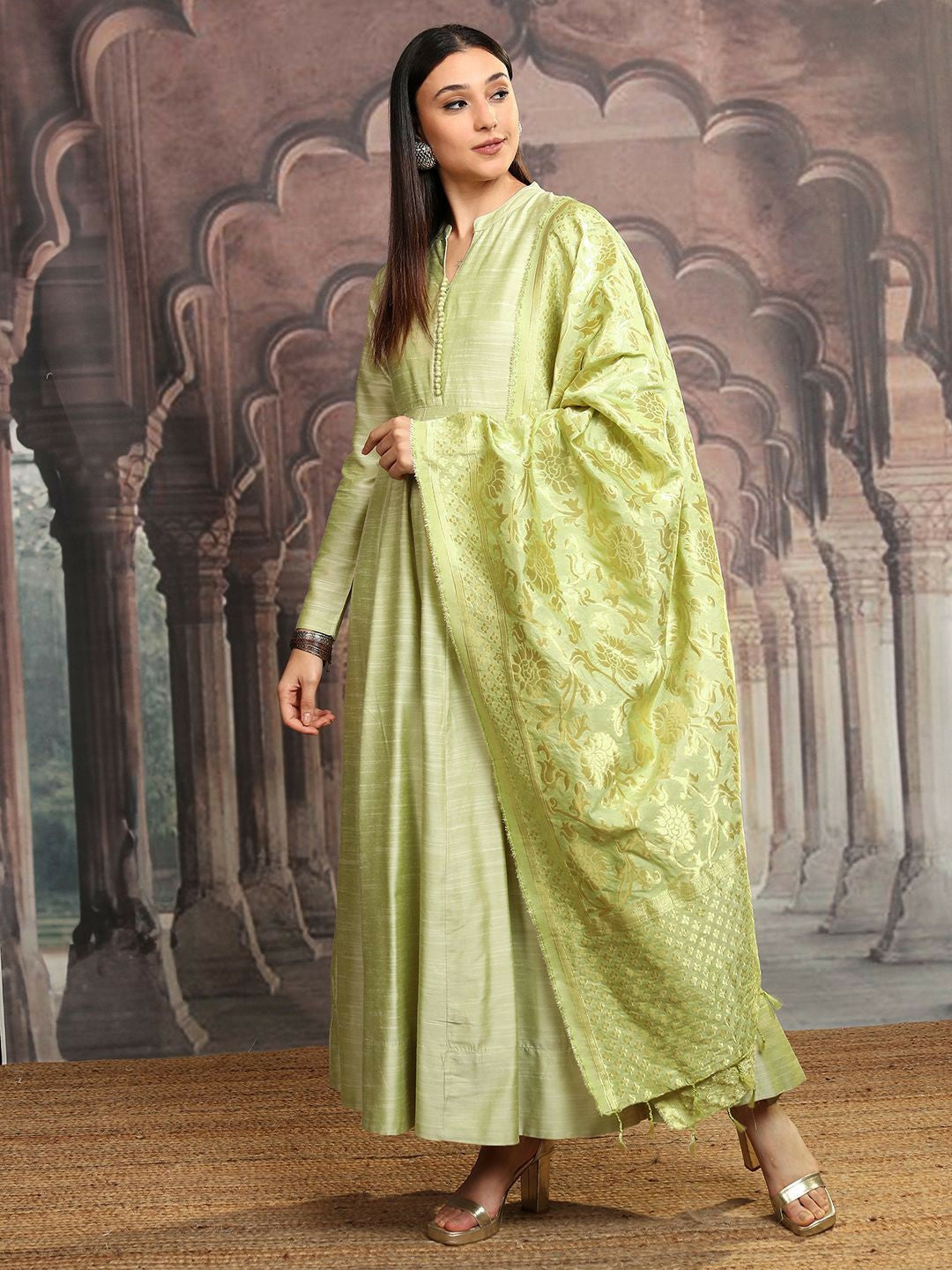 Lime Green Solid Maxi Dress – Elegant Ethnic Wear | Indiaista