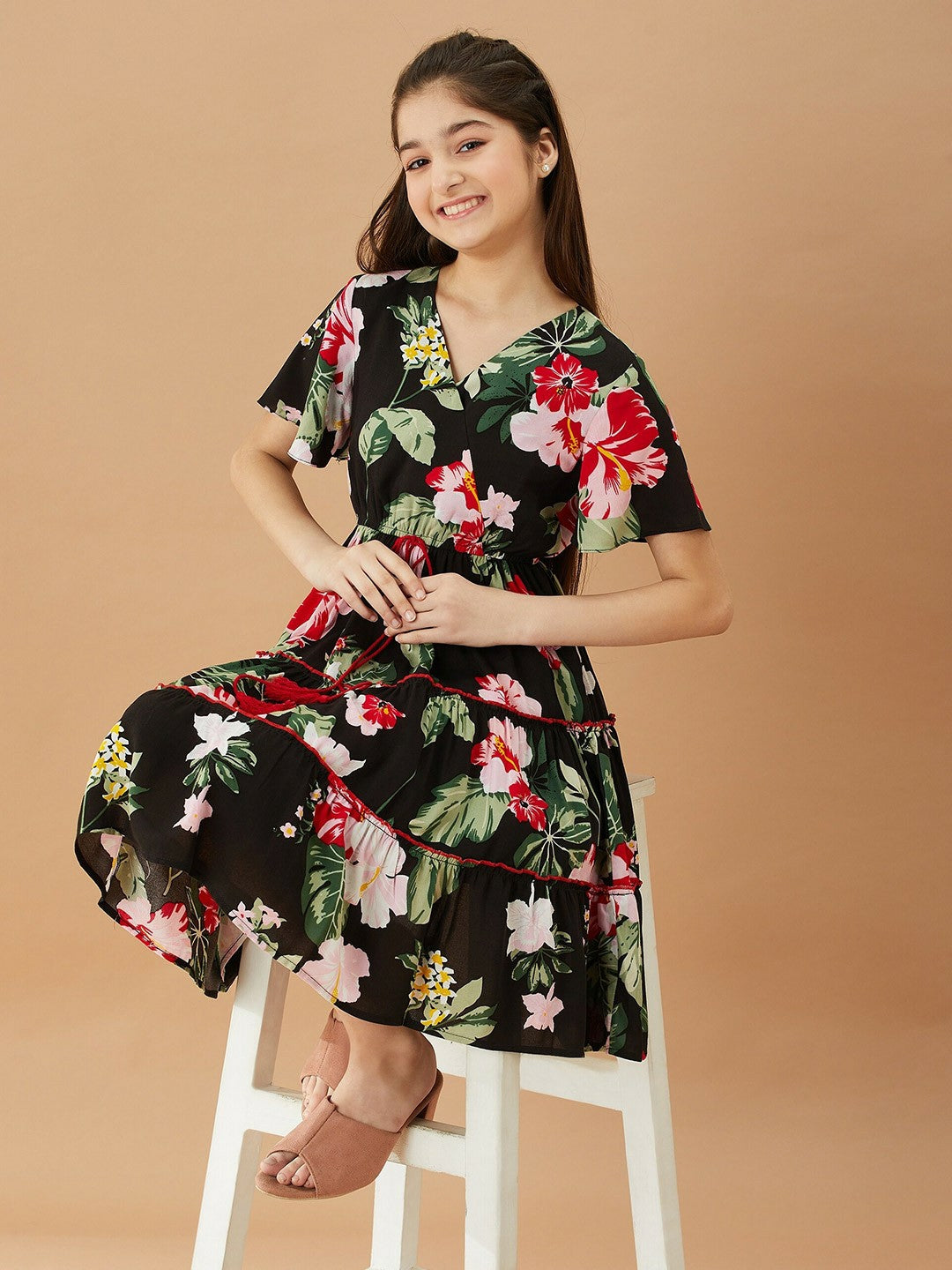 Buy Black Tropical Printed Wrap Dress for Girls – Cotton, V-Neck & Flared Hem | Indiaista