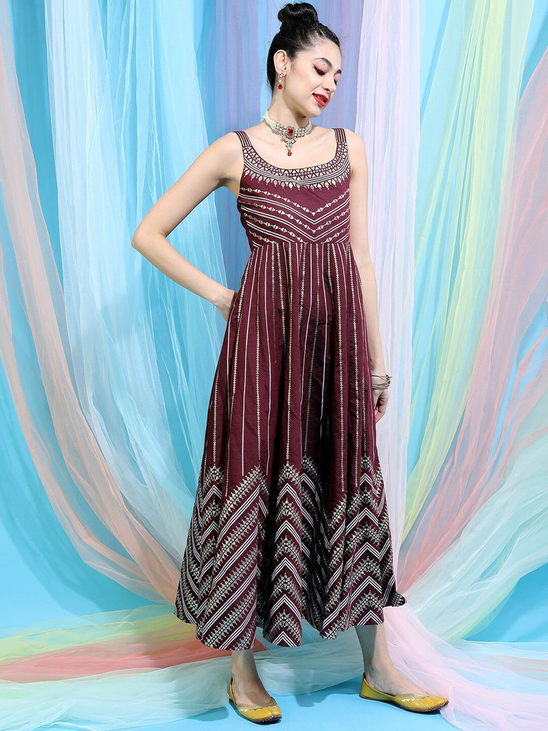 Buy Maroon & White Embellished Fit & Flare Maxi Dress with Dupatta – Indiaista