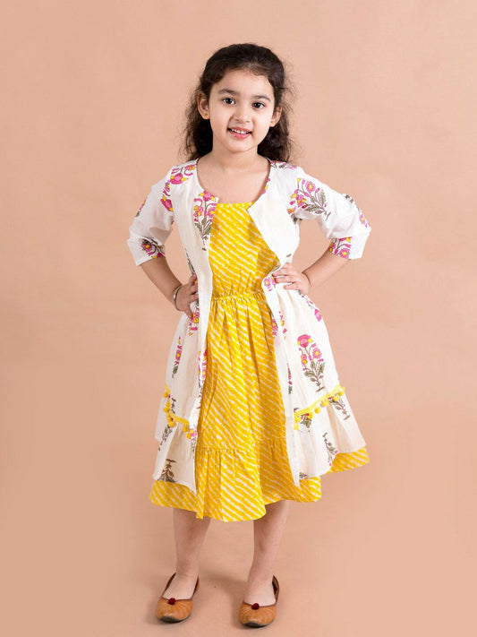 Girls Yellow Striped Cotton Midi Dress with Printed Shrug - Indiaista