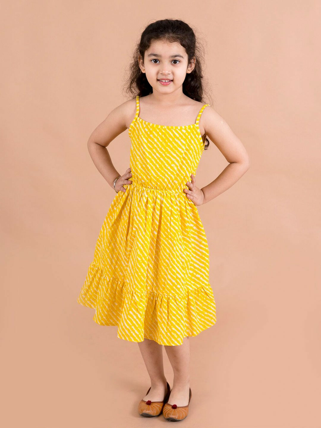 Girls Yellow Striped Cotton Midi Dress with Printed Shrug - Indiaista