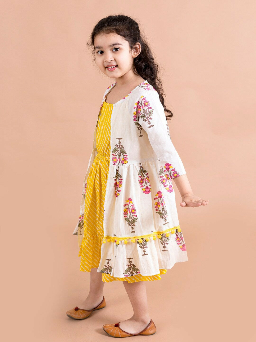 Girls Yellow Striped Cotton Midi Dress with Printed Shrug - Indiaista