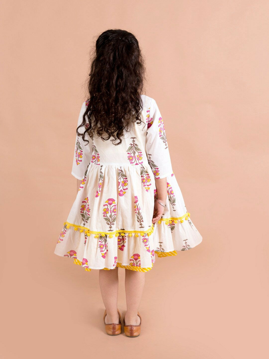 Girls Yellow Striped Cotton Midi Dress with Printed Shrug - Indiaista