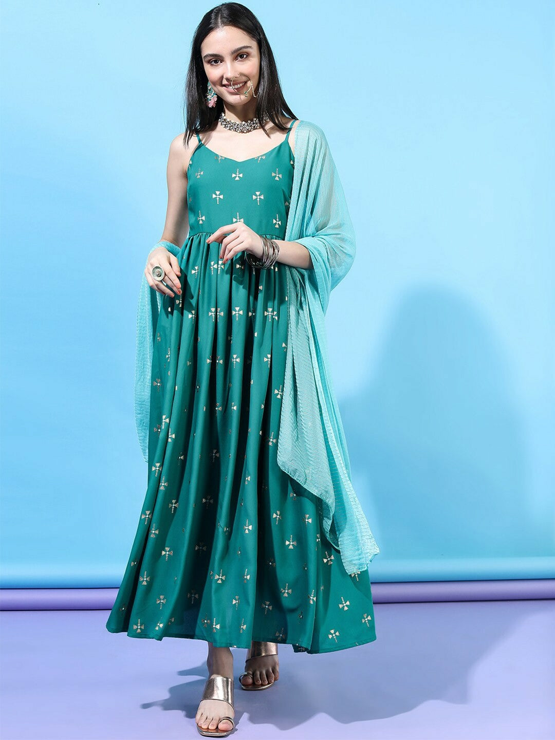 Turquoise Blue Solid Maxi Dress - Elegant Ethnic Wear | Indiaista