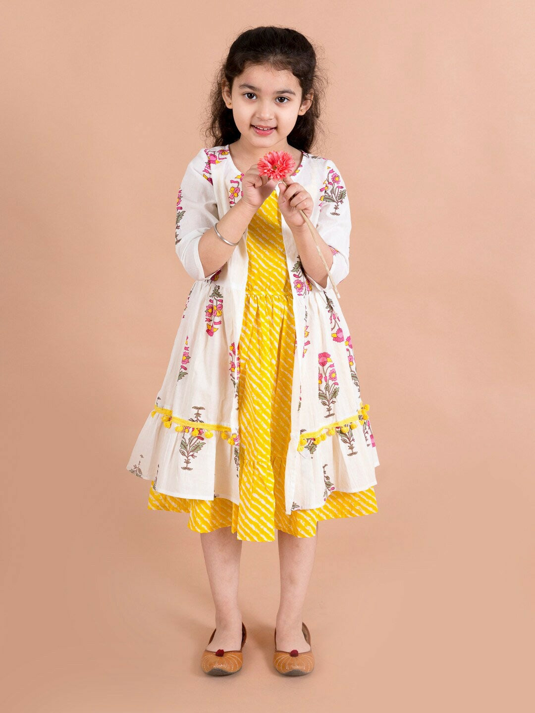 Girls Yellow Striped Cotton Midi Dress with Printed Shrug - Indiaista