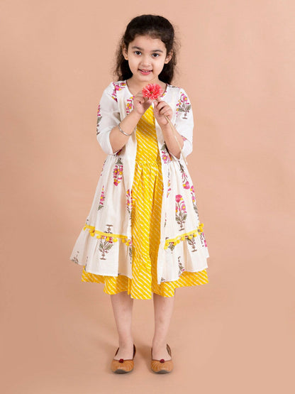 Girls Yellow Striped Cotton Midi Dress with Printed Shrug - Indiaista