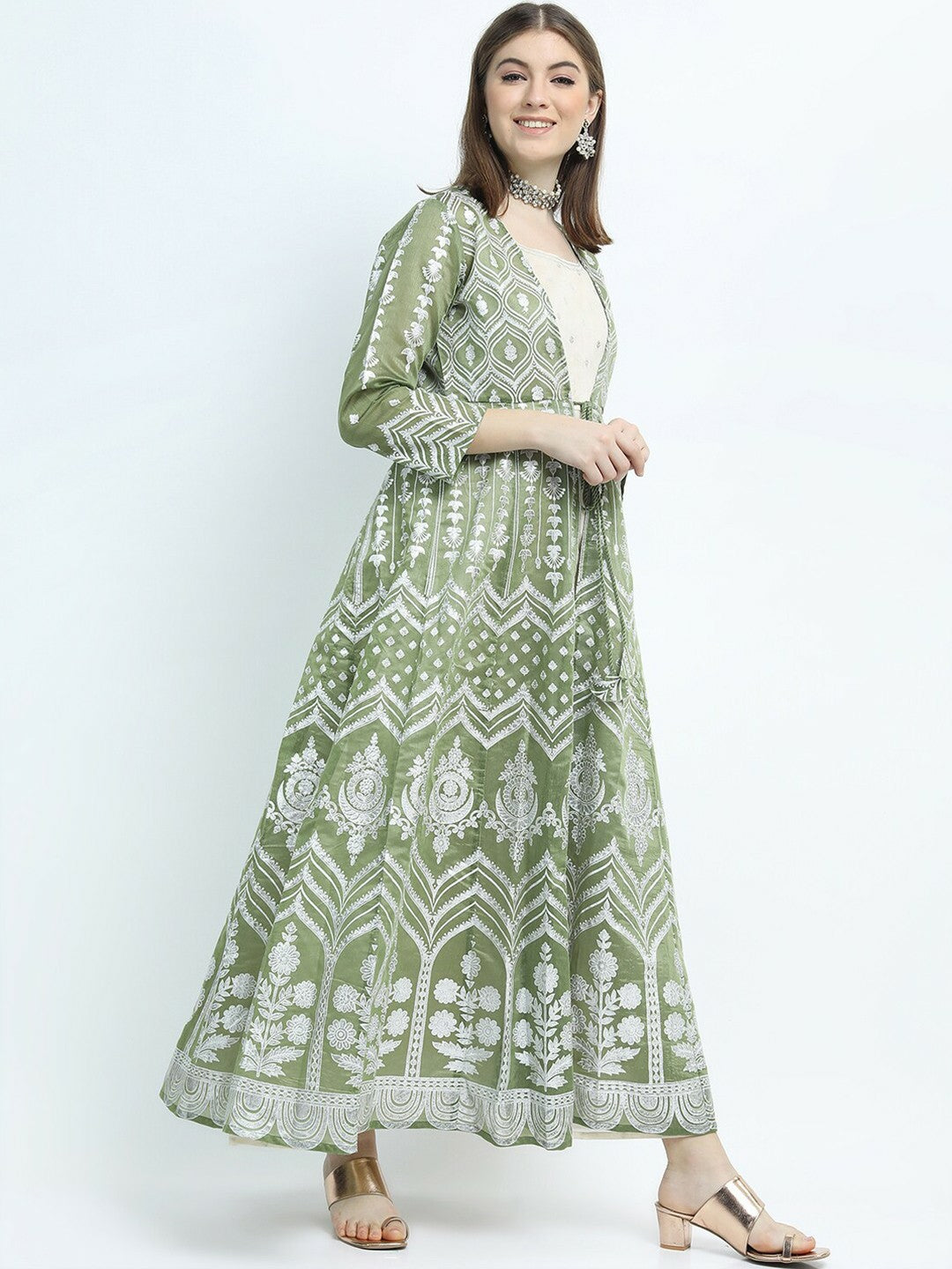 Buy Green Ethnic Motifs Print Maxi Dress Online | Indiaista