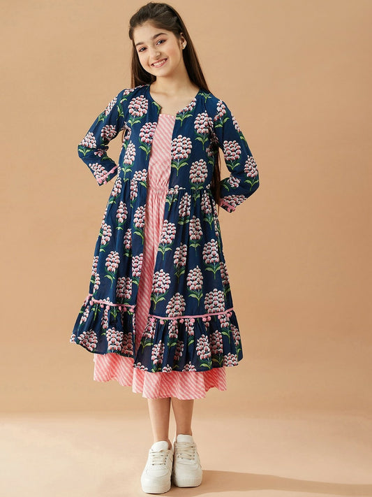 Buy Girls Striped A-Line Midi Cotton Dress with Printed Shrug | Indiaista