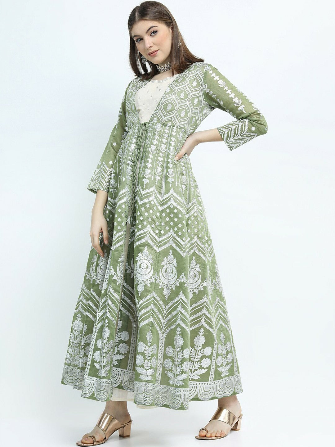 Buy Green Ethnic Motifs Print Maxi Dress Online | Indiaista