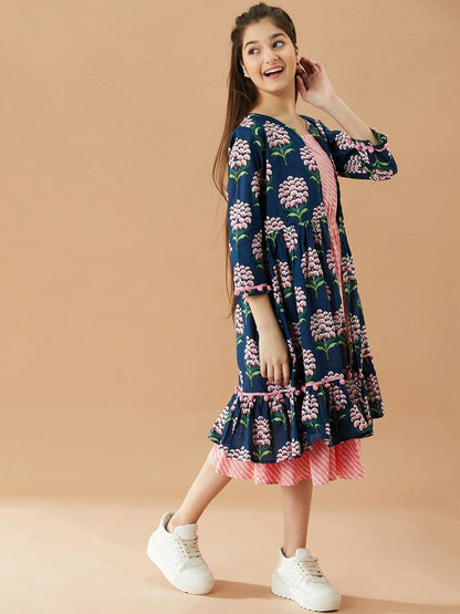 Buy Girls Striped A-Line Midi Cotton Dress with Printed Shrug | Indiaista