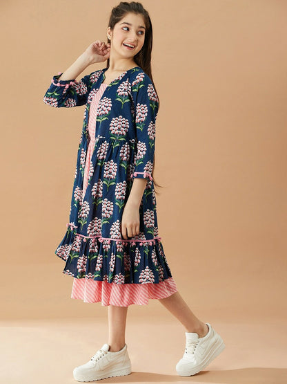 Buy Girls Striped A-Line Midi Cotton Dress with Printed Shrug | Indiaista