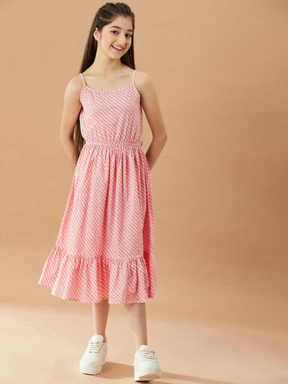 Buy Girls Striped A-Line Midi Cotton Dress with Printed Shrug | Indiaista