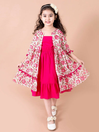 Magenta & White Floral A-Line Cotton Dress with Shrug – Shop at Indiaista