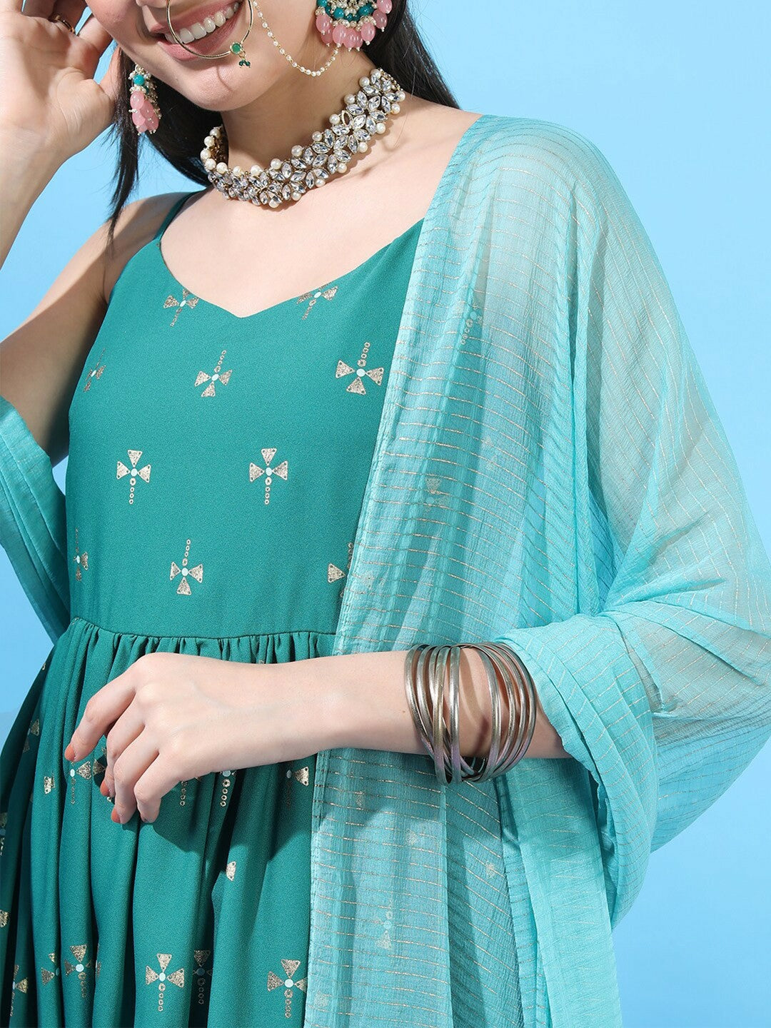 Turquoise Blue Solid Maxi Dress - Elegant Ethnic Wear | Indiaista