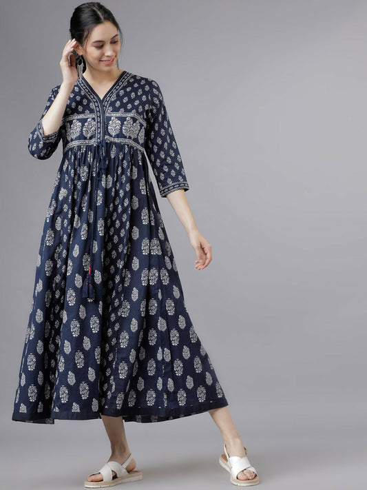 Navy Blue Printed Woven Empire Dress – Elegant Ethnic Wear | Indiaista