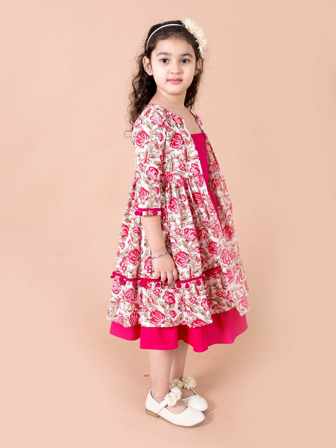 Magenta & White Floral A-Line Cotton Dress with Shrug – Shop at Indiaista