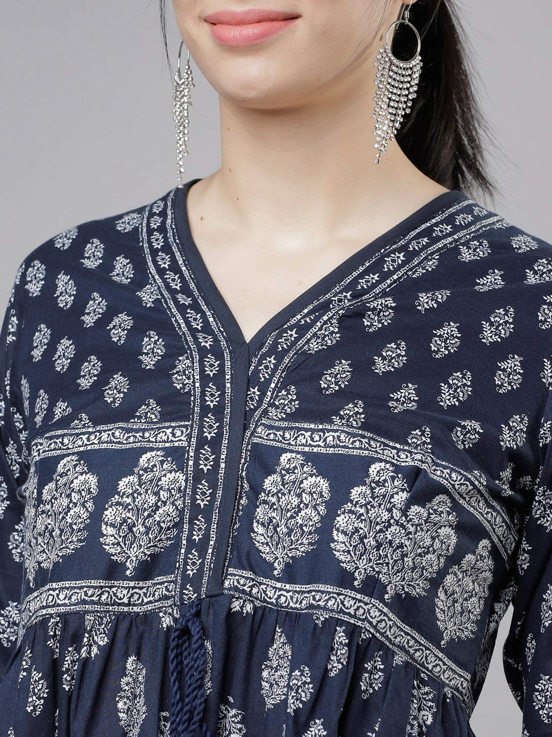 Navy Blue Printed Woven Empire Dress – Elegant Ethnic Wear | Indiaista