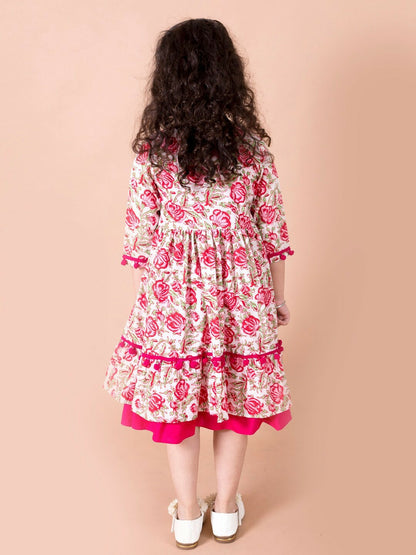 Magenta & White Floral A-Line Cotton Dress with Shrug – Shop at Indiaista