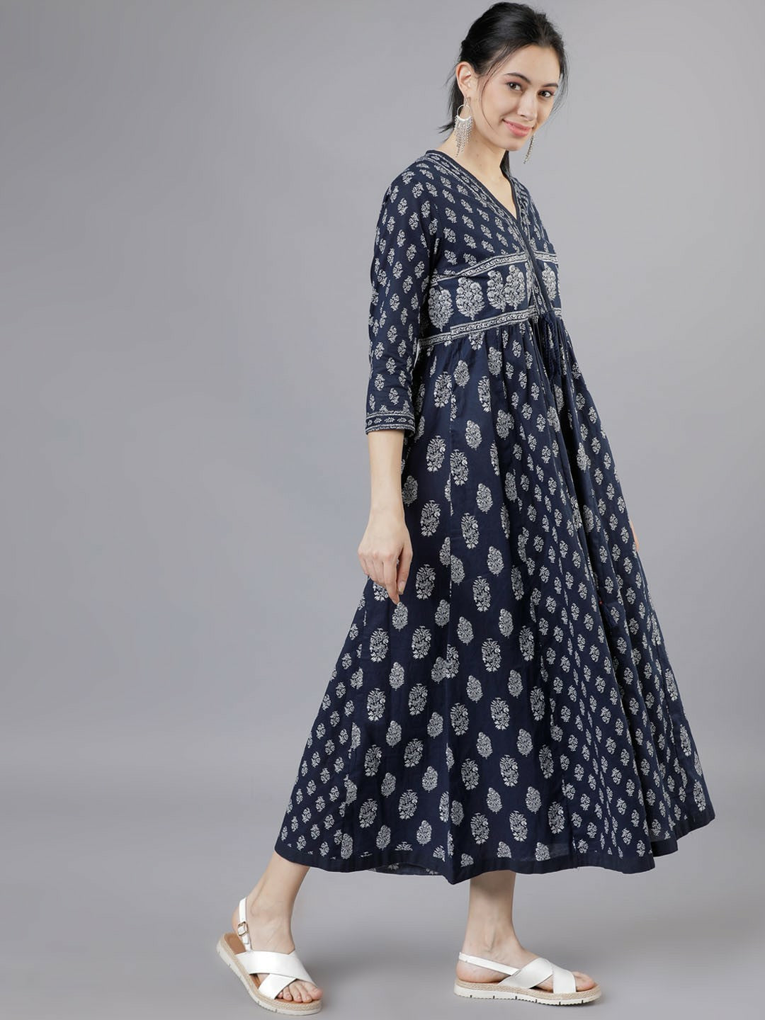 Navy Blue Printed Woven Empire Dress – Elegant Ethnic Wear | Indiaista