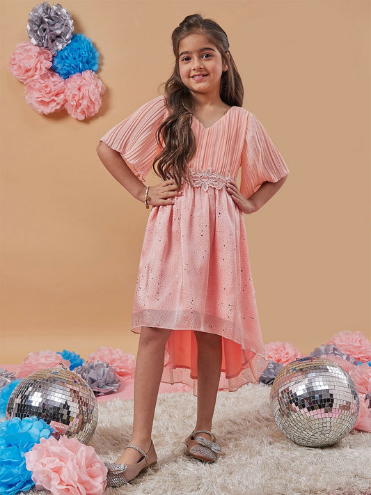 Buy Girls Peach Floral Print A-Line Dress – V-Neck, Flared Sleeves | Indiaista