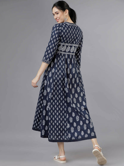 Navy Blue Printed Woven Empire Dress – Elegant Ethnic Wear | Indiaista