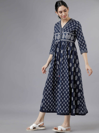 Navy Blue Printed Woven Empire Dress – Elegant Ethnic Wear | Indiaista