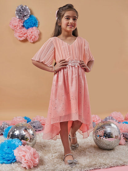 Buy Girls Peach Floral Print A-Line Dress – V-Neck, Flared Sleeves | Indiaista